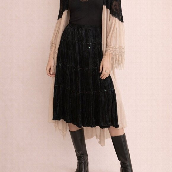 Vintage Dresses & Skirts - 90s Whimsigoth Crushed Velvet Beaded Black Tiered Midi Skirt Sz S